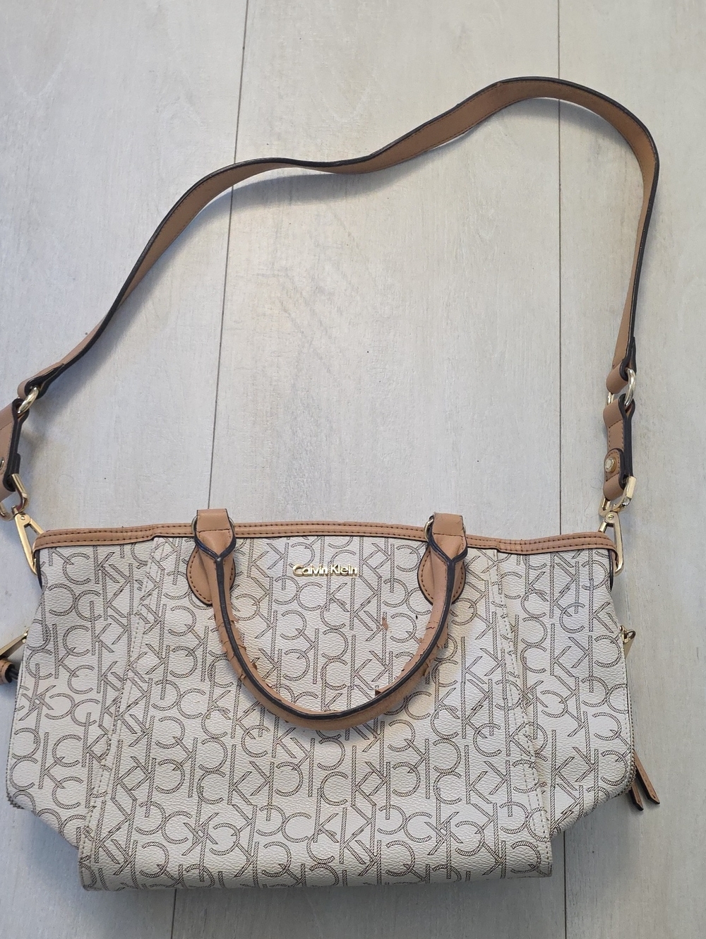 Calvin Klein Monogram Shoulder Tote in Beige and Tan